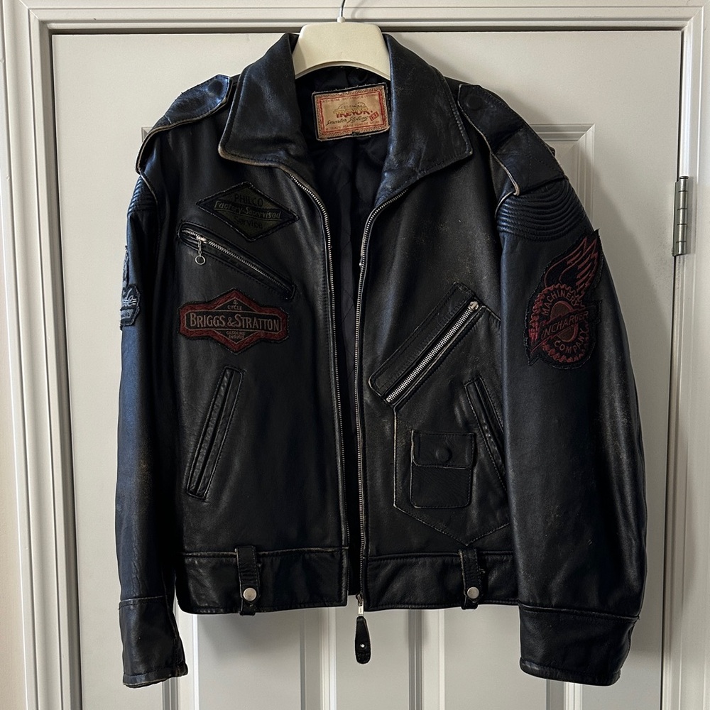 Black Leather Bomber Jacket with Patches